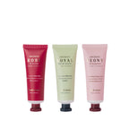 Three Grace & Gild Luxury Florals 50ml hand creams in Rose & Berries, Royal Lily & Vanilla and Peony & Bergamot, displayed against a white background.