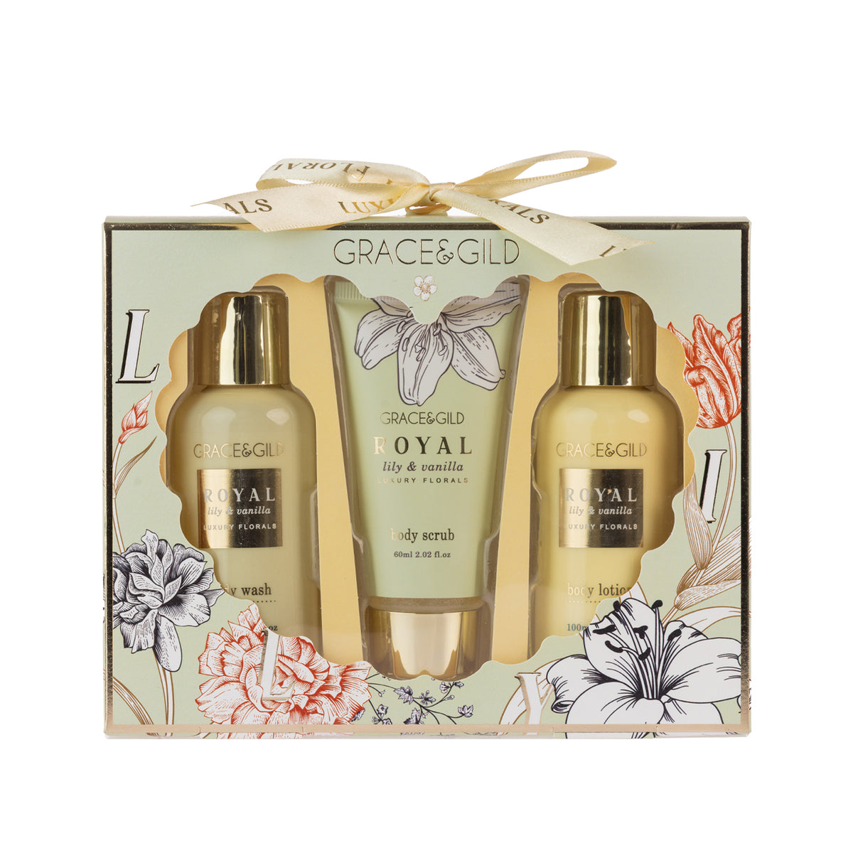 Royal Lily & Vanilla body wash, body scrub and body lotion in coordinated pale green and gold packaging against a white background.