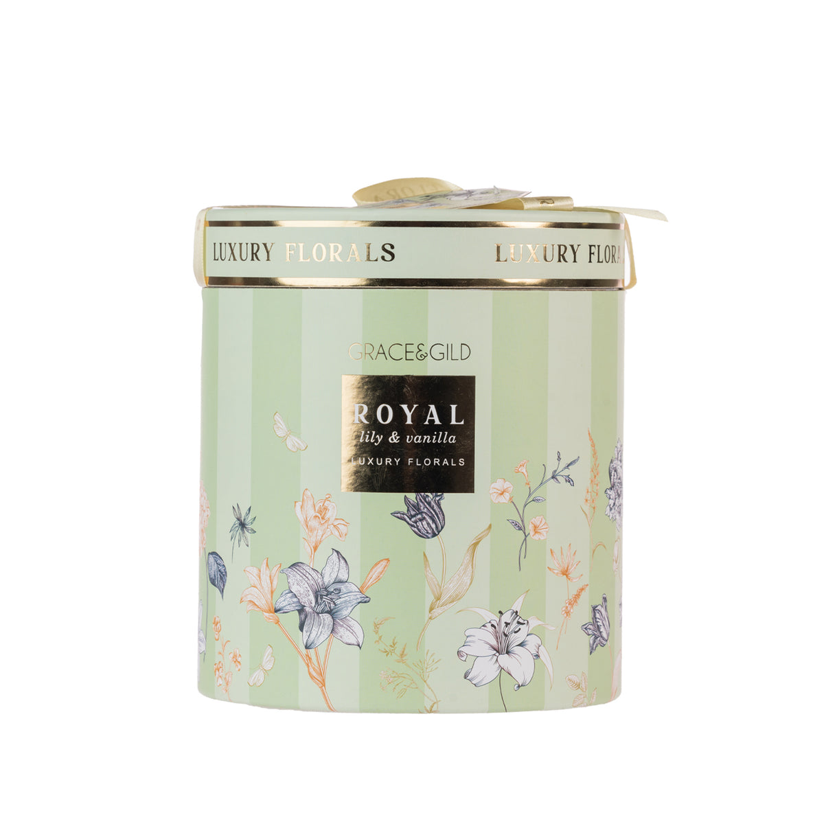 Grace & Gild Luxury Florals Royal Lily & Vanilla gift set presented in a pale green floral gift box with gold detailing.