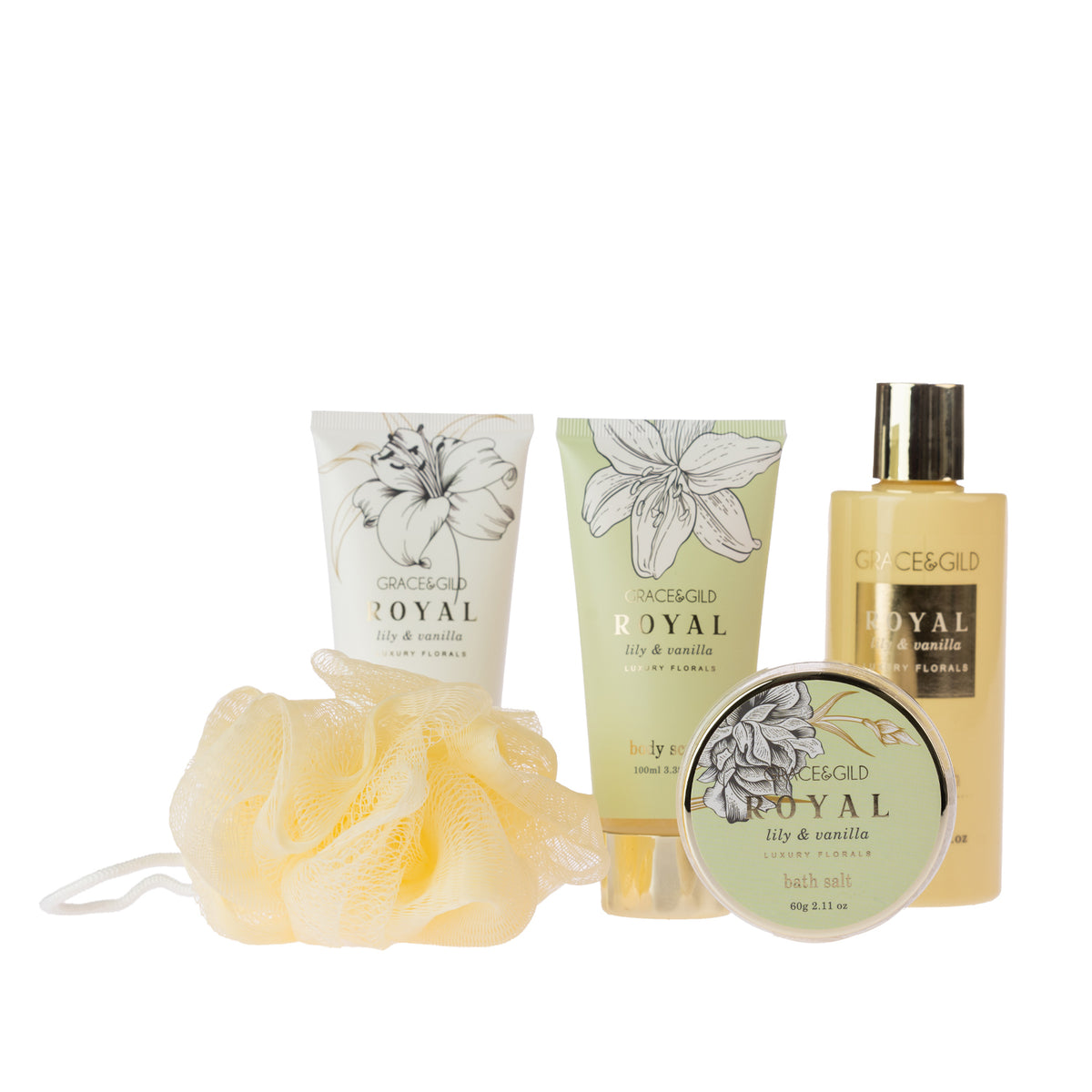 Royal Lily & Vanilla bath and body products displayed with body scrub, bath salts and a cream bath puff against a white background.