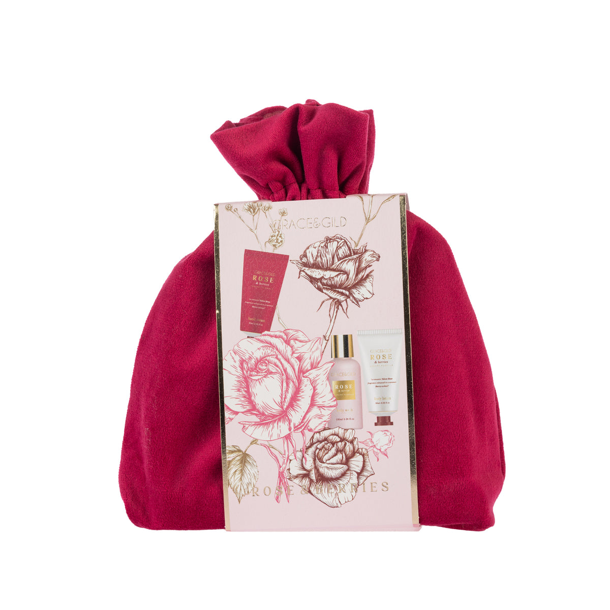 Grace & Gild Rose & Berries body care gift set presented in a plush berry-pink drawstring pouch. The floral sleeve features rose illustrations and images of the included products for a decorative gift-ready presentation.