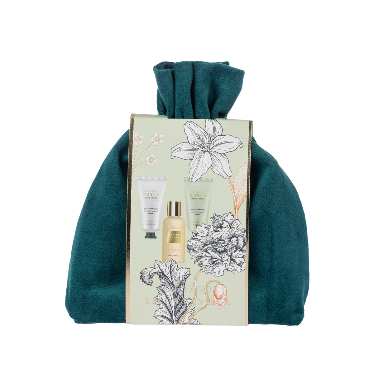 Grace & Gild Royal Lily & Vanilla body care gift set presented in a plush deep teal drawstring pouch. The pale green floral sleeve features lily artwork and images of the coordinating products.