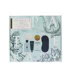 Grace & Gild Roman Spa Pamper Gift Set in decorative blue presentation box, featuring body wash, bath salt, bath soap, hand and nail cream, eye mask and wooden brush.