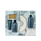 Grace & Gild Roman Spa Shower Gift Set in decorative blue presentation box, featuring body wash, body lotion, shampoo, hair drying cap and wooden brush.