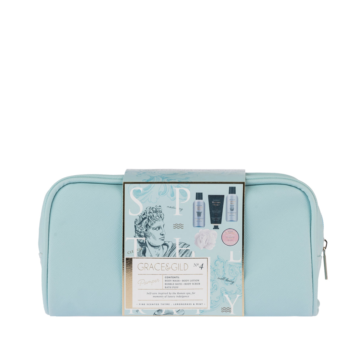 Grace & Gild Roman Spa Travel Gift Set presented in a light blue zip cosmetic bag with decorative product sleeve.