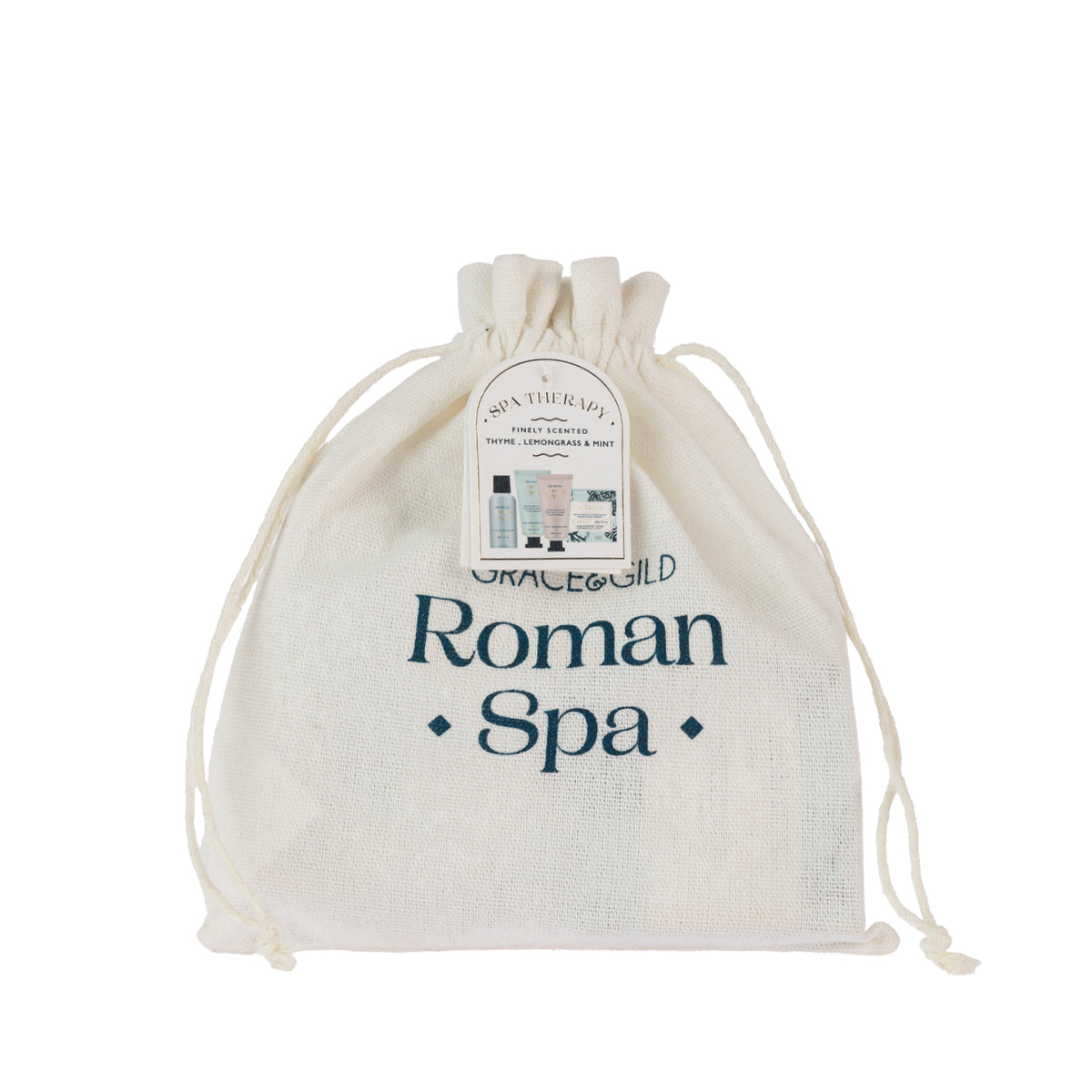 Grace & Gild Roman Spa Mini Travel Gift Set presented in a cream drawstring Roman Spa bag with hanging gift tag.