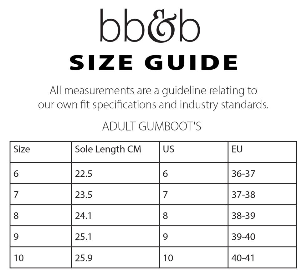 A size guide chart for bb&b adult gumboots, showing a table with sizes 6 through 10, sole length in centimeters, US, and EU sizing.