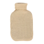 Beige knitted hot water bottle on a white background