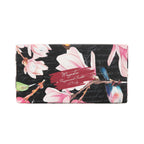 Fragrance sachet packaging with floral design and bird illustration on a black background