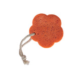 Orange flower-shaped bath sponge with a soft textured surface and hanging cotton loop for easy storage.