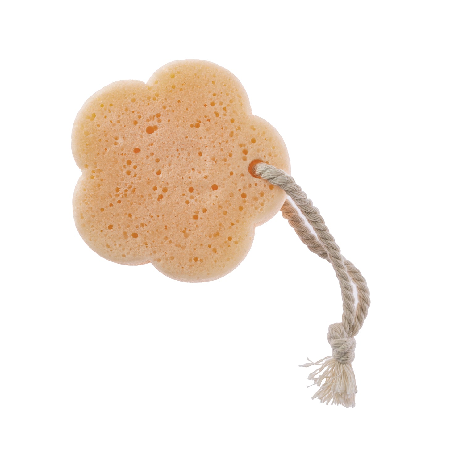 Pale peach flower-shaped bath sponge with a soft textured surface and hanging cotton loop for easy storage.