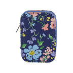 A small zippered pouch with a navy blue background and a colorful floral print featuring light blue, pink, purple, and yellow flowers with green stems, shown on a plain white background.