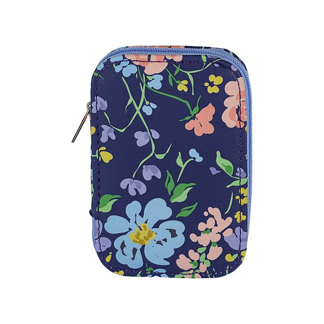 A small zippered pouch with a navy blue background and a colorful floral print featuring light blue, pink, purple, and yellow flowers with green stems, shown on a plain white background.