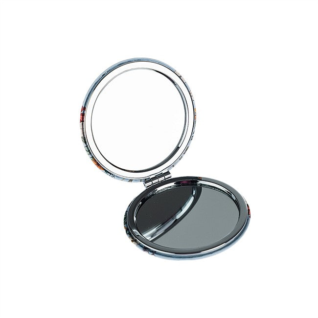 An open round compact mirror with a shiny silver metallic frame and a dark reflective bottom mirror surface, shown on a plain white background.