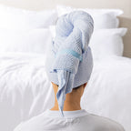 Grace & Gild Clementine Textured Hair Wrap in Blue, showing the back view with the hair wrap secured in place.
