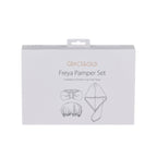 Grace & Gild Freya Pamper Set in Rosewater, boxed with headband, shower cap and hair wrap illustrations on the front.