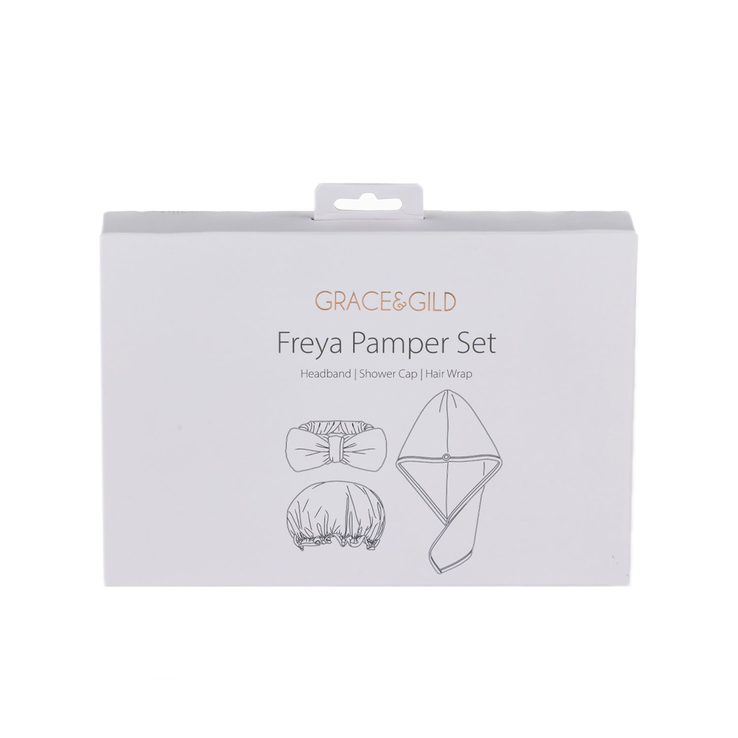 Grace & Gild Freya Pamper Set in Rosewater, boxed with headband, shower cap and hair wrap illustrations on the front.