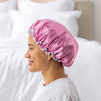 Grace & Gild Freya Pamper Set in rosewater, showing a side view of the blue satin shower cap on a model.