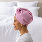 Grace & Gild Freya Pamper Set in rosewater, showing a side view of the blue hair wrap on a model.
