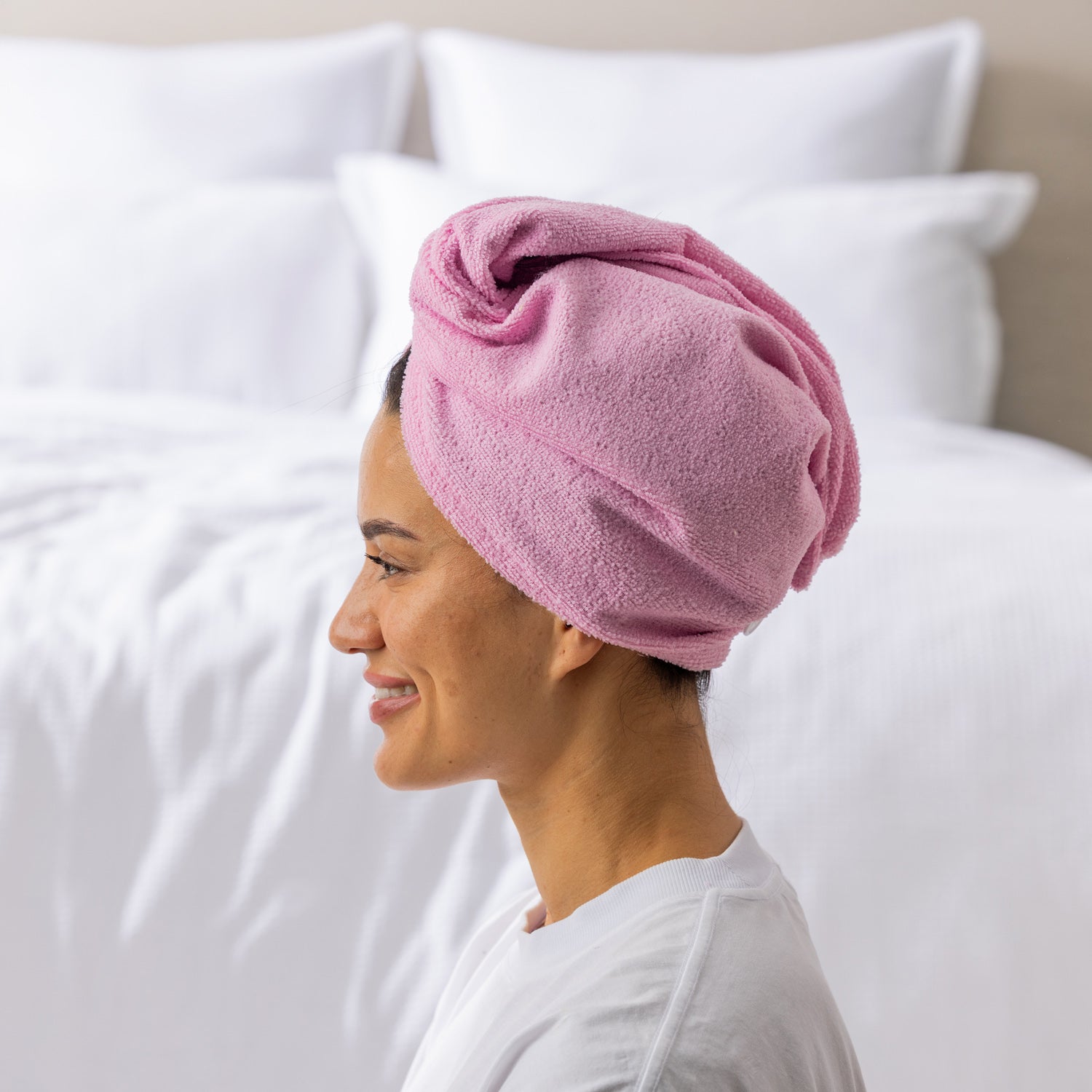 Grace & Gild Freya Pamper Set in rosewater, showing a side view of the blue hair wrap on a model.