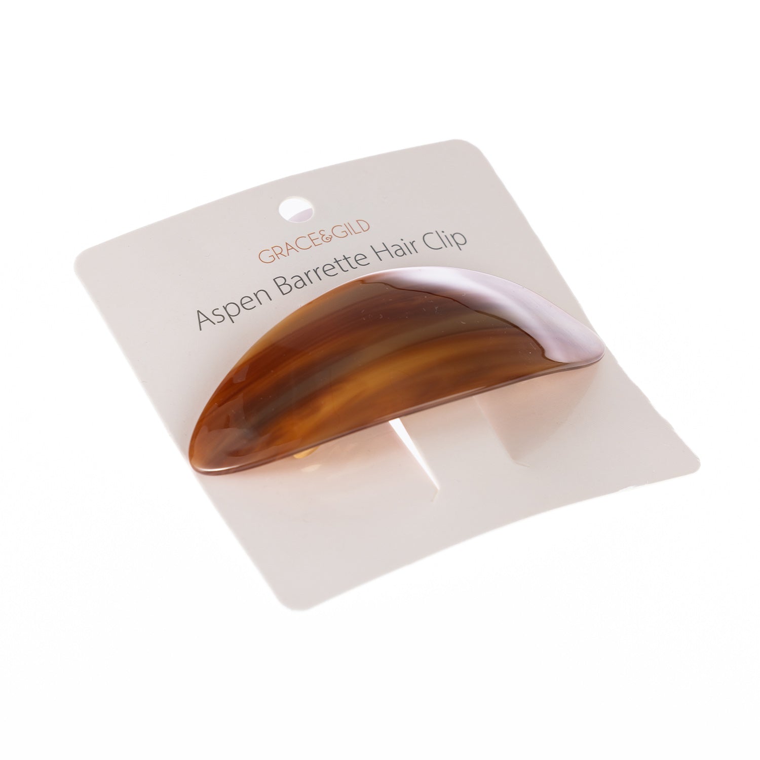 Grace & Gild Aspen Barrette Hair Clip in a brown marbled finish displayed on retail packaging.
