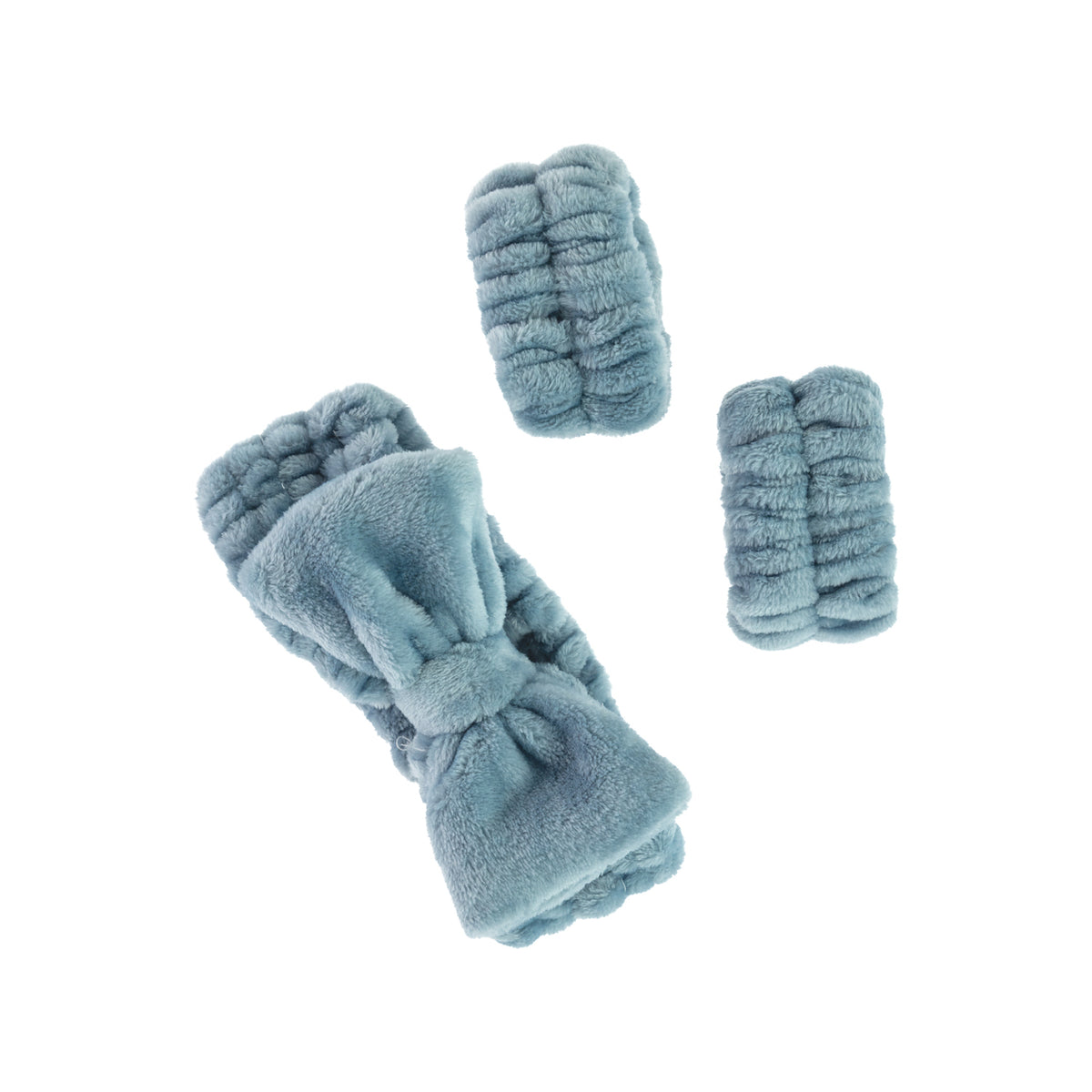 Blue Grace & Gild Sophie Bow Headband & Cuff Set featuring a soft plush bow headband and two matching elasticated wrist cuffs.