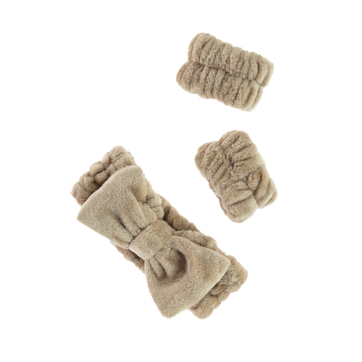 Natural Grace & Gild Sophie Bow Headband & Cuff Set featuring a soft plush bow headband and two matching elasticated wrist cuffs.