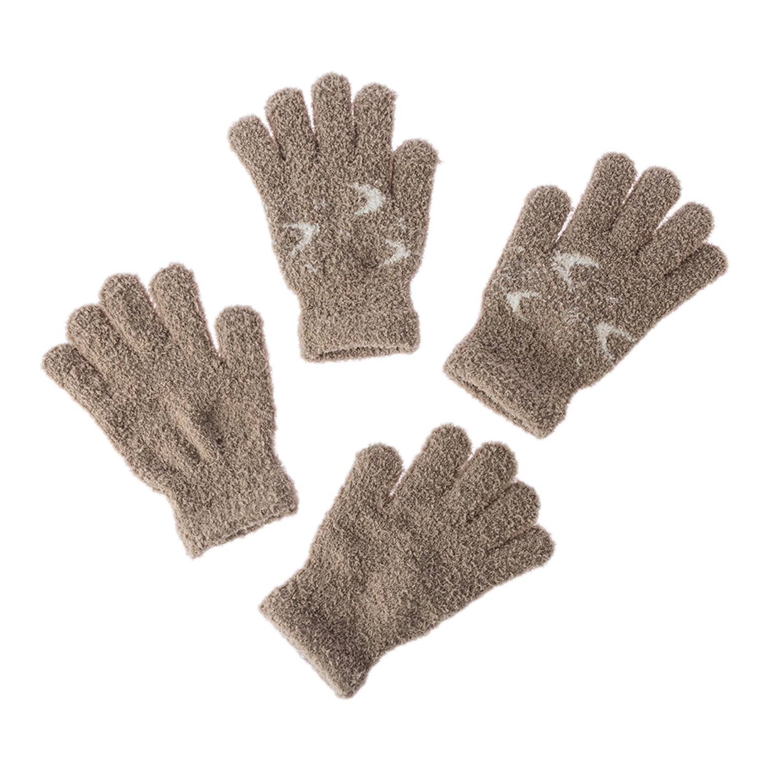 Four textured knit gloves in a taupe-brown color, arranged on a plain white background. Two gloves show a white embroidered crescent moon design on the back of the hands.