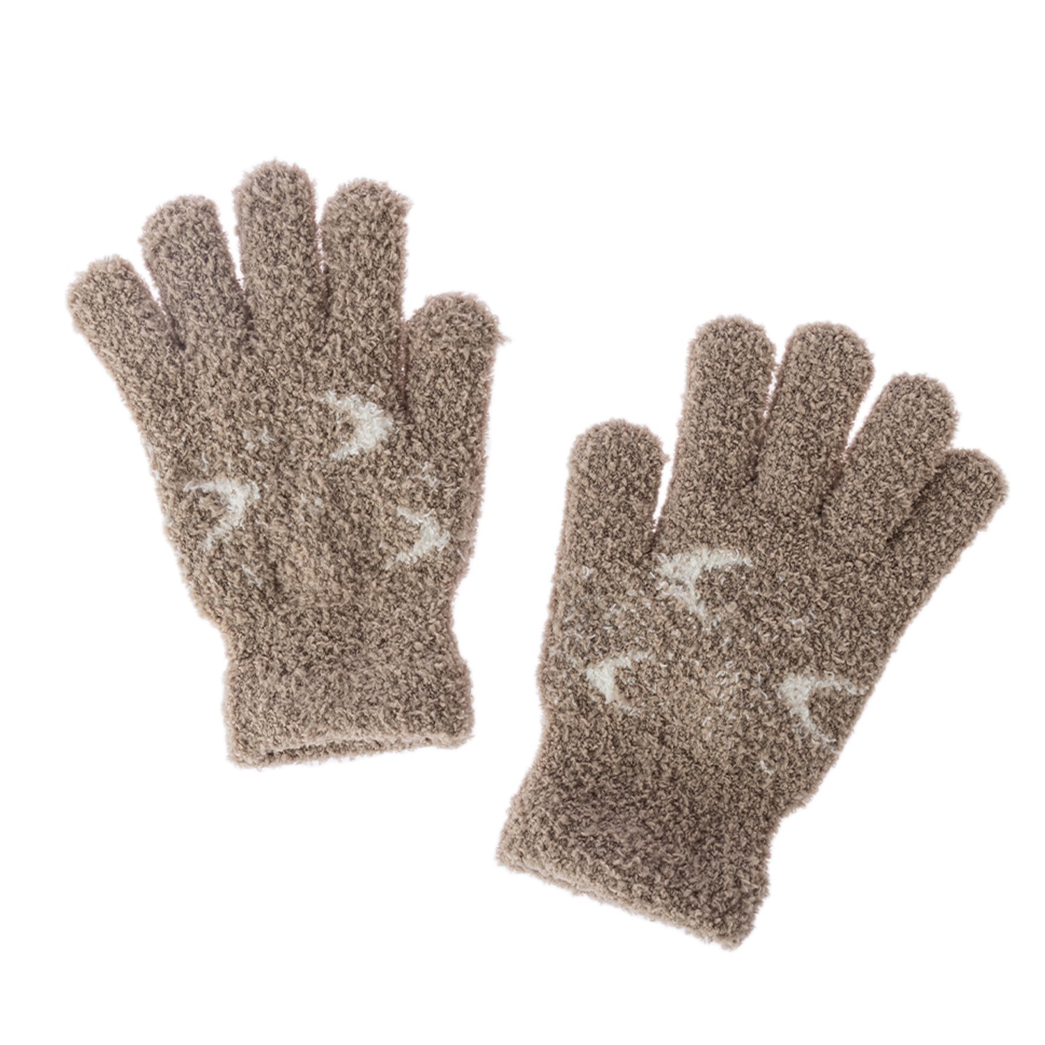 A pair of textured, fuzzy knit gloves in a taupe-brown color with white crescent moon patterns on the backs of the hands, shown against a plain white background.