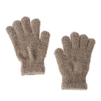 A pair of fuzzy knit gloves in a taupe-brown color, displayed against a solid white background.