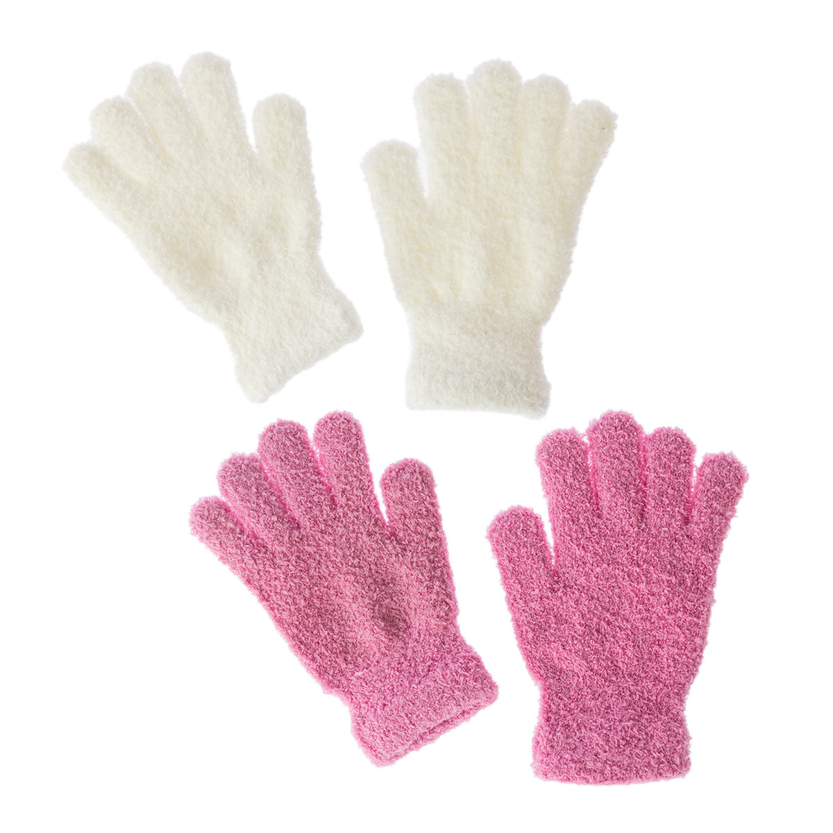 Four textured bath gloves arranged on a white background, with two cream-colored gloves at the top and two pink gloves at the bottom.