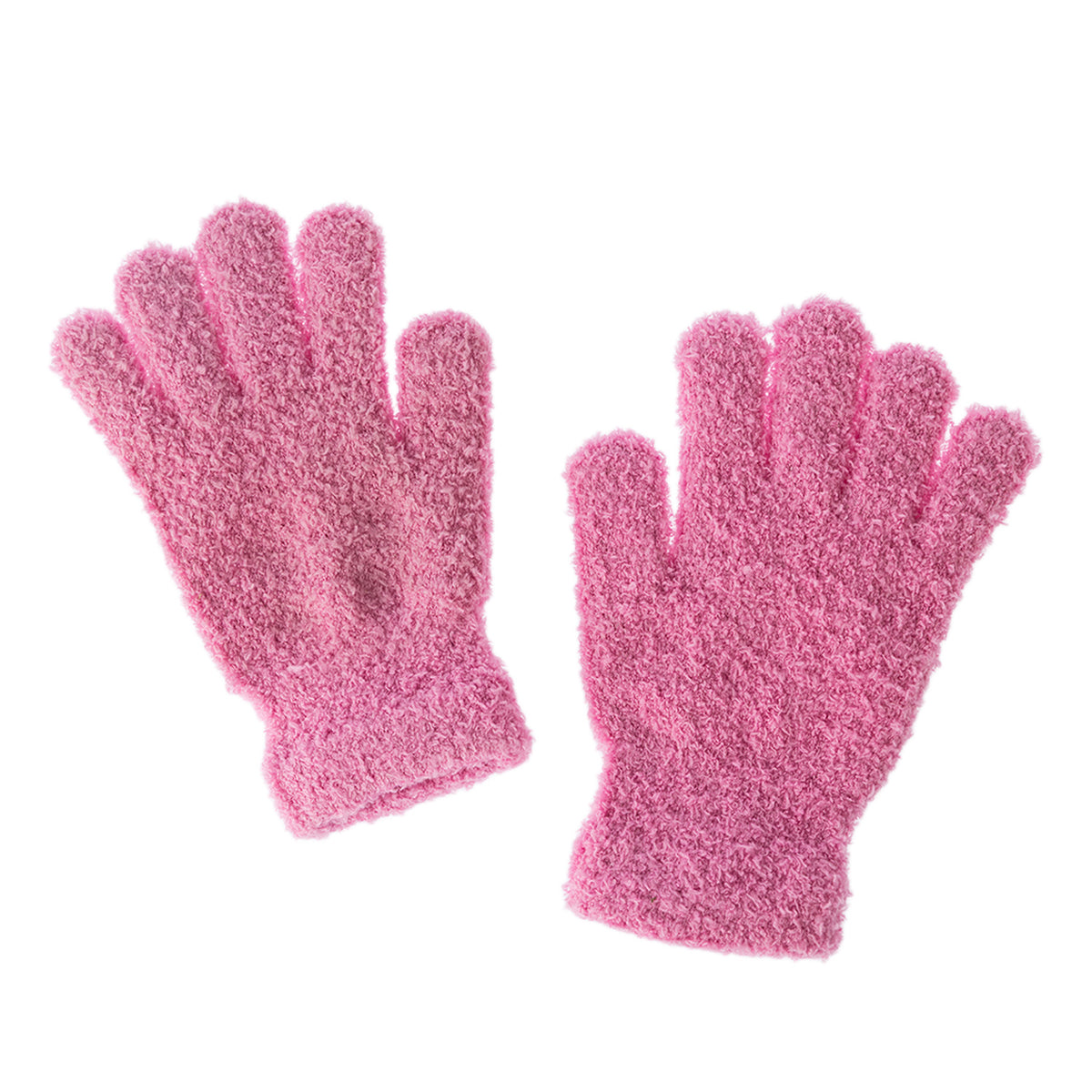 A pair of fuzzy pink bath gloves with textured backs and ribbed cuffs, displayed on a clean white background.