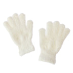 A pair of fluffy, textured cream-colored gloves shown against a solid white background.