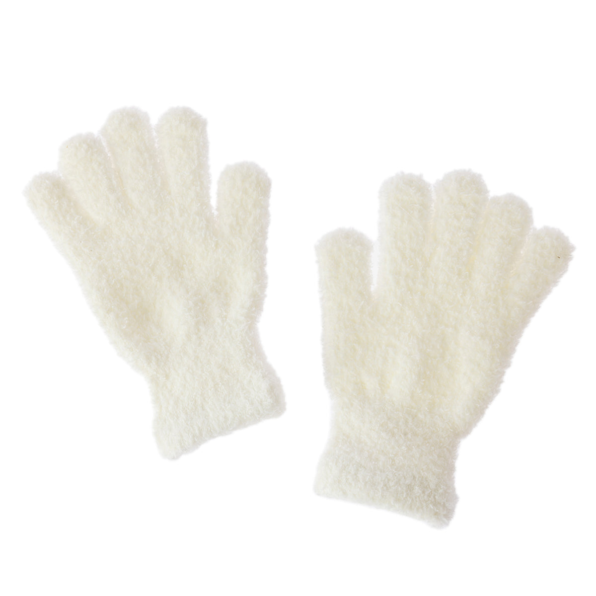 A pair of fluffy, textured cream-colored gloves shown against a solid white background.