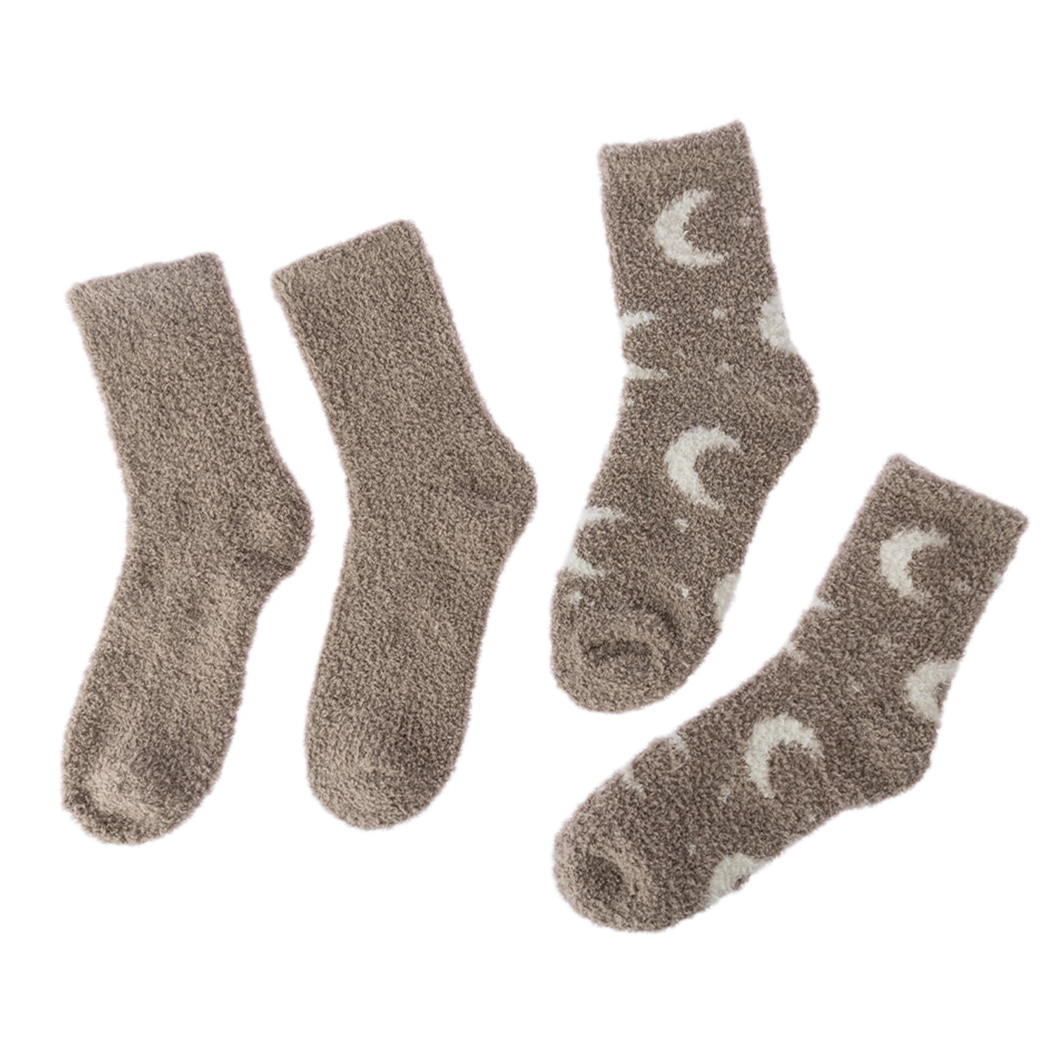 Four fuzzy socks in a taupe-brown color, including two plain socks and two socks with a white crescent moon pattern, arranged on a solid white background.