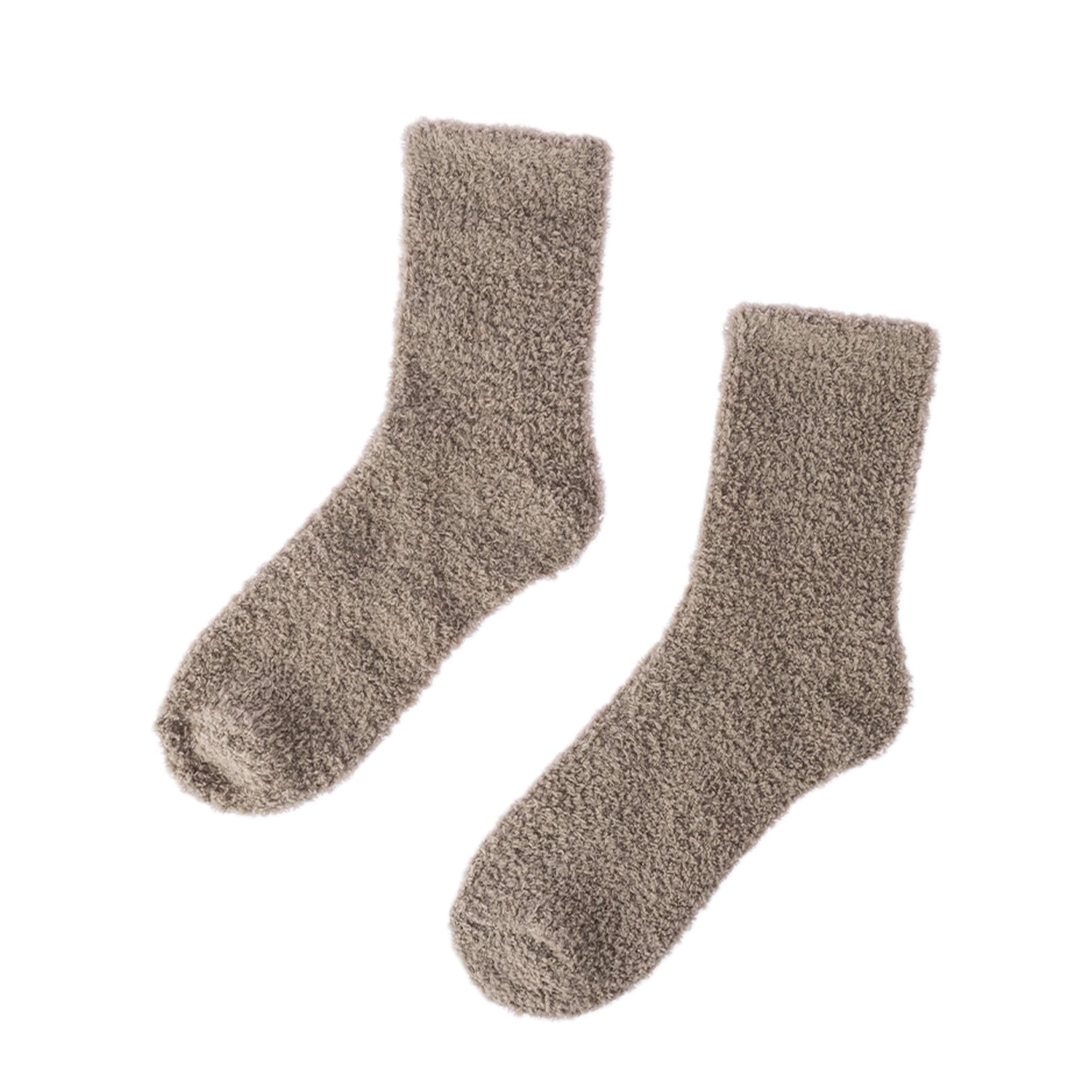 A pair of fuzzy, textured ankle socks in a taupe-brown color, displayed against a solid white background.