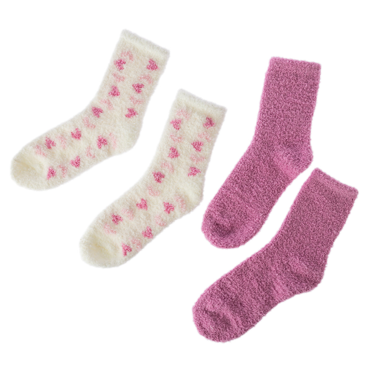 Three pairs of fuzzy socks on a plain white background: two cream-colored socks with pink floral patterns and one solid pink pair.