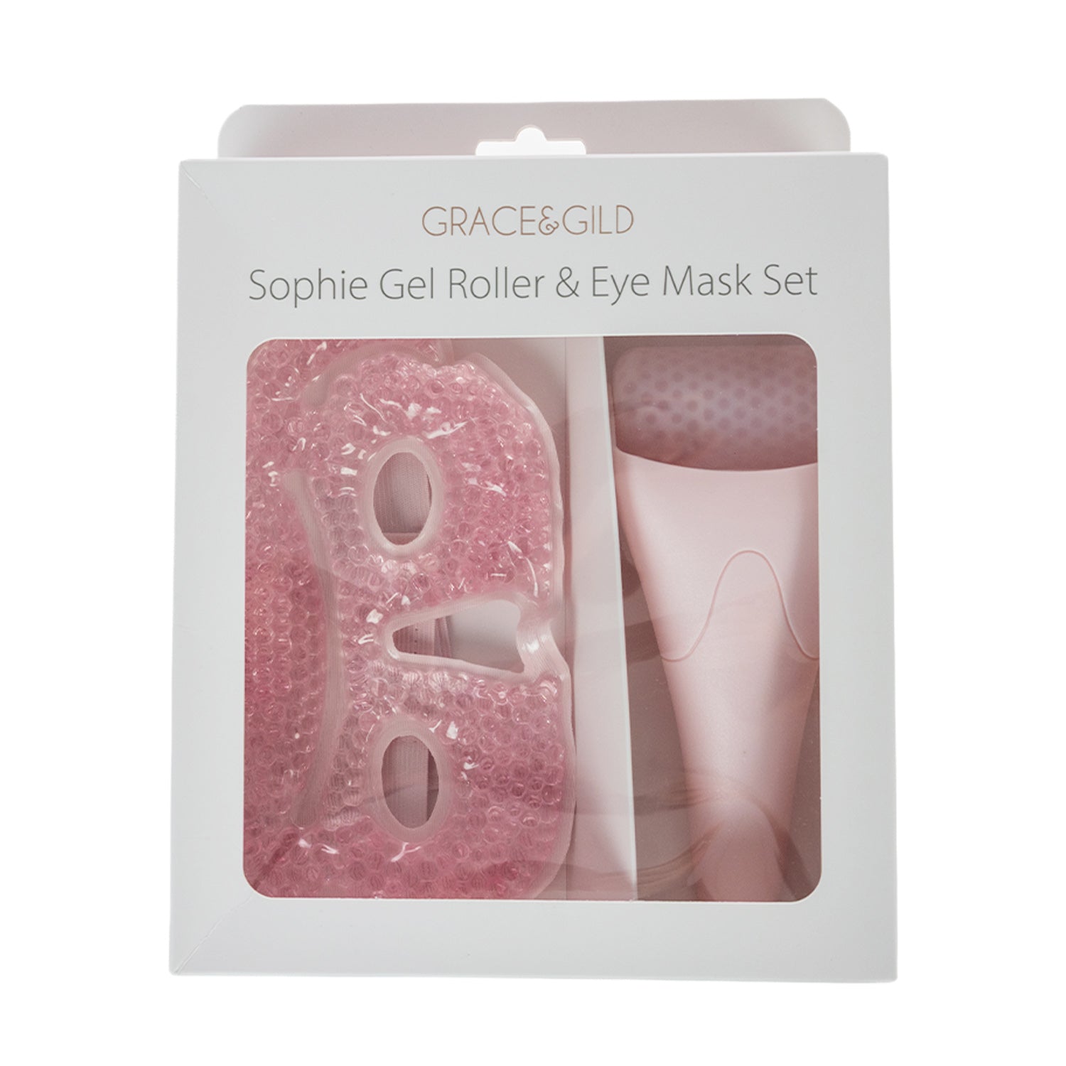 Grace & Gild Sophie Gel Roller & Eye Mask Set in its original white window box packaging, showing the pink textured gel roller and matching pink eye mask inside.