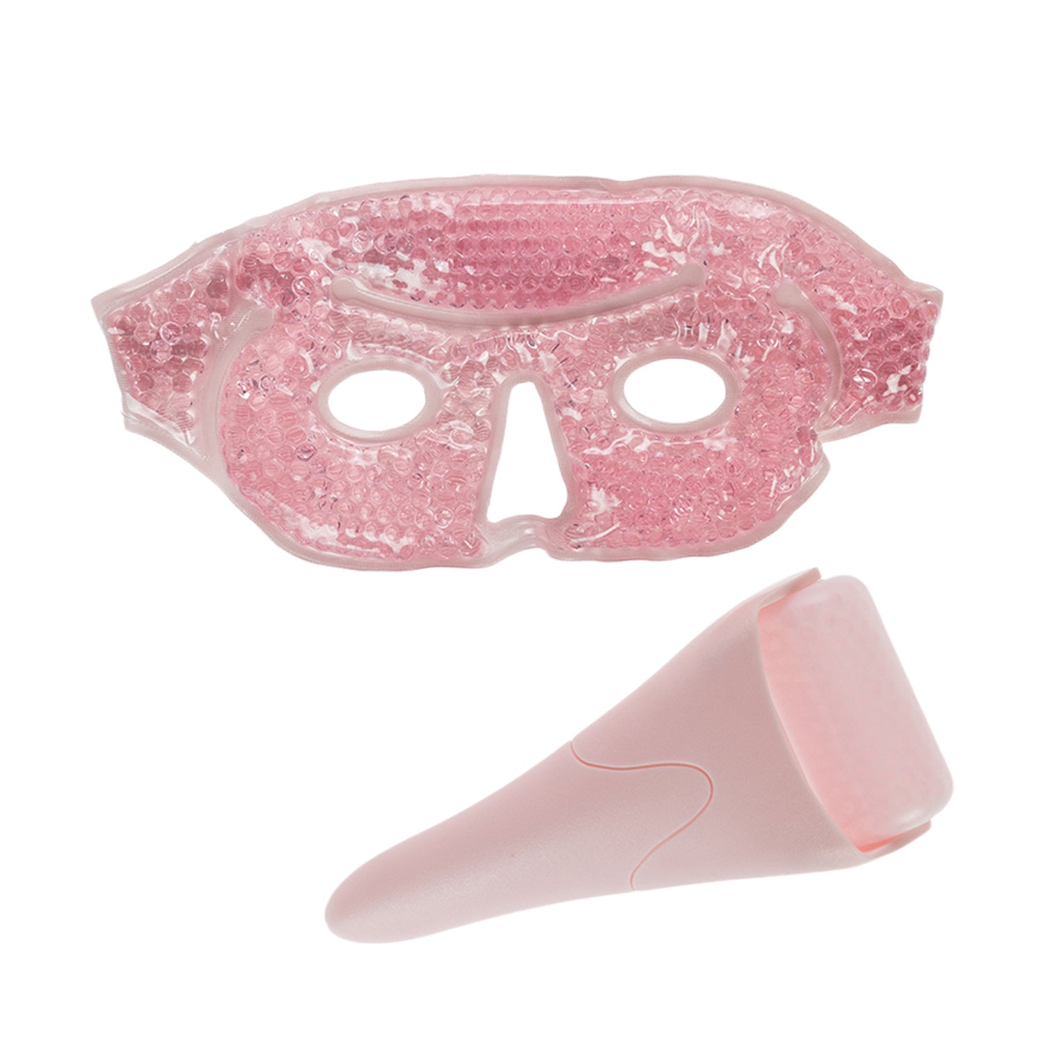 Pink silicone facial sheet mask with glittery texture and a matching pink silicone applicator roller, shown on a plain white background.