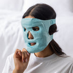 Grace & Gild Cooling Gel Bead Face Mask Sky Blue being worn with adjustable head straps.