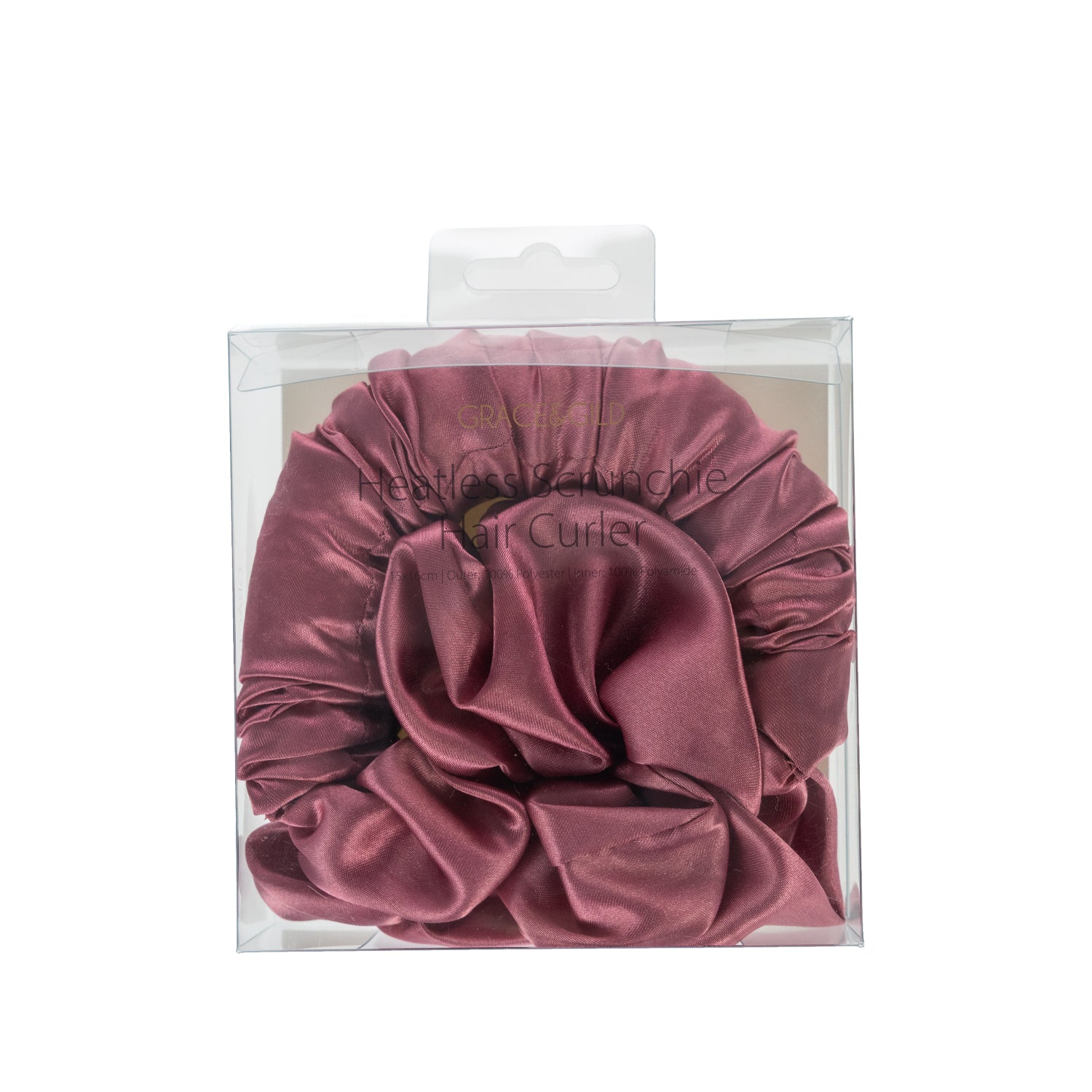 Grace & Gild Heatless Scrunchie Hair Curler in pink displayed in clear retail packaging.