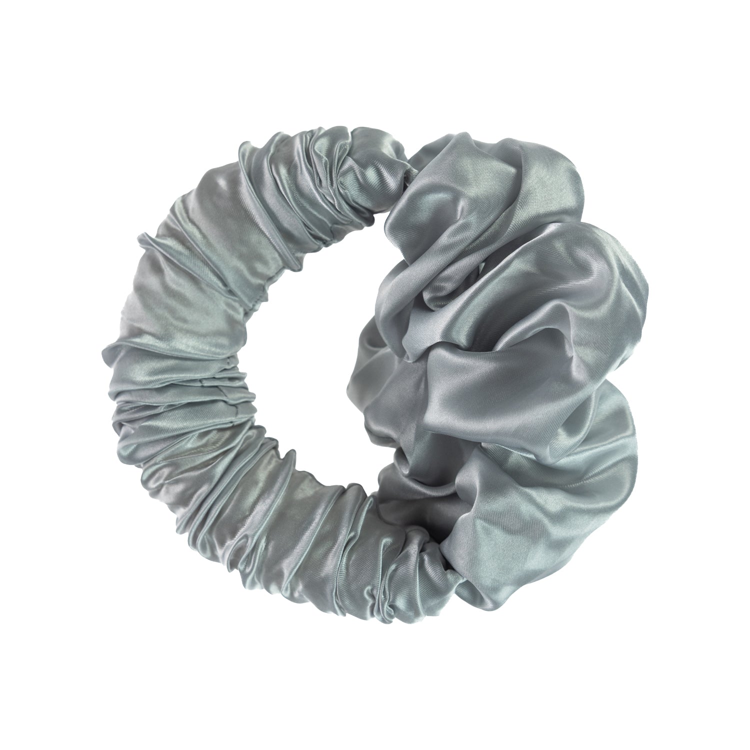 Grace & Gild Heatless Scrunchie Hair Curler in silver with a smooth satin-style finish and flexible circular design.