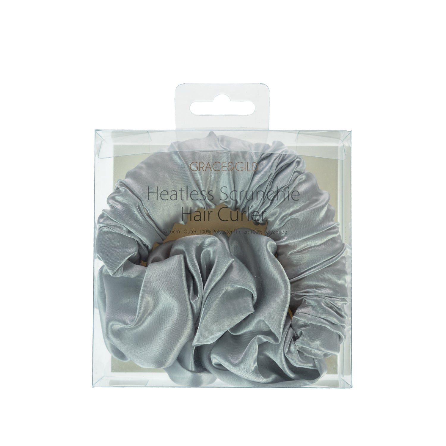 Grace & Gild Heatless Scrunchie Hair Curler in silver displayed in clear retail packaging.