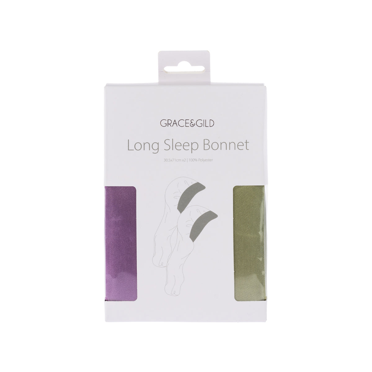Grace & Gild Long Sleep Bonnet 2 Pack in mauve and green displayed in white retail packaging.