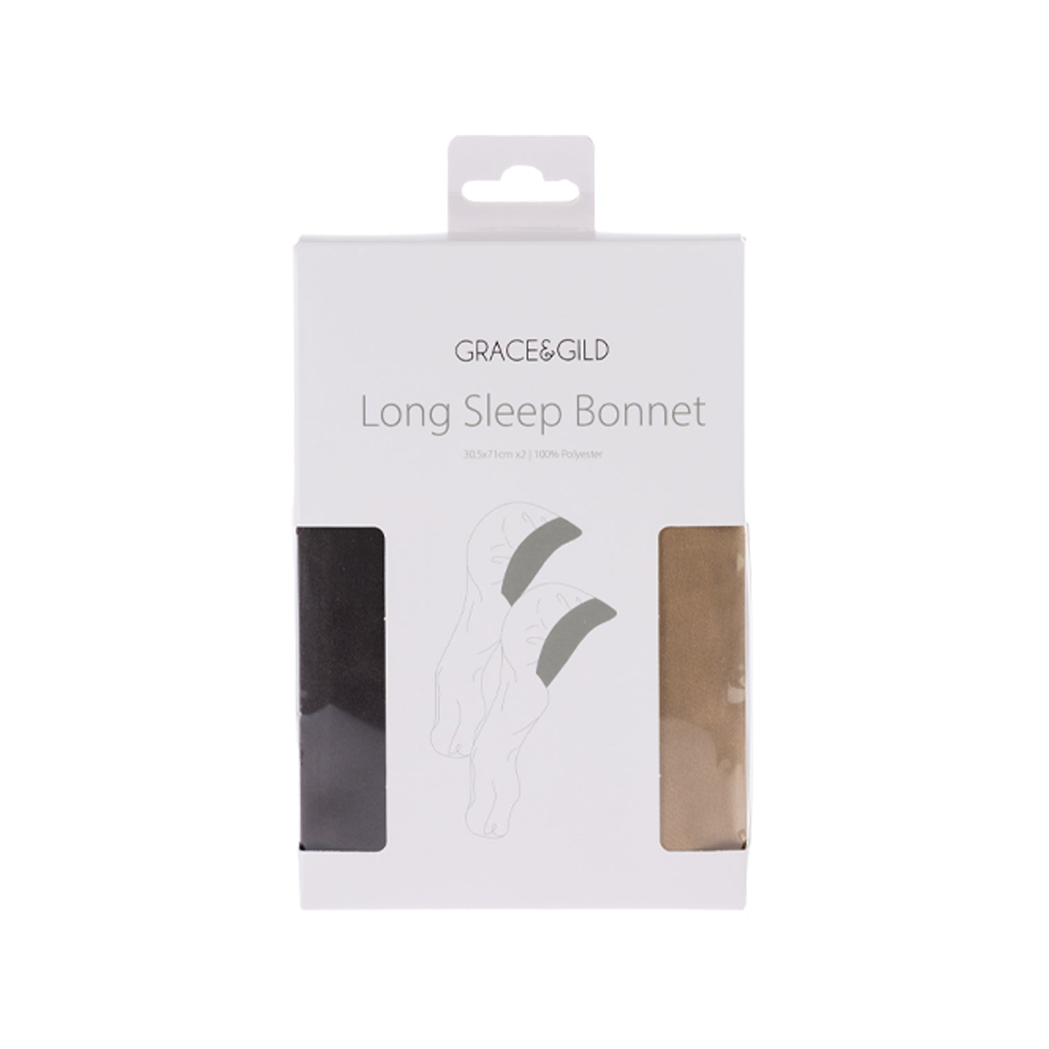 Grace & Gild Long Sleep Bonnet 2 Pack in black and brown displayed in white retail packaging.