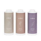 Eden Scented Talcum Powder range featuring Gardenia, Rose and Orchid fragrances in coordinating 350g bottles.