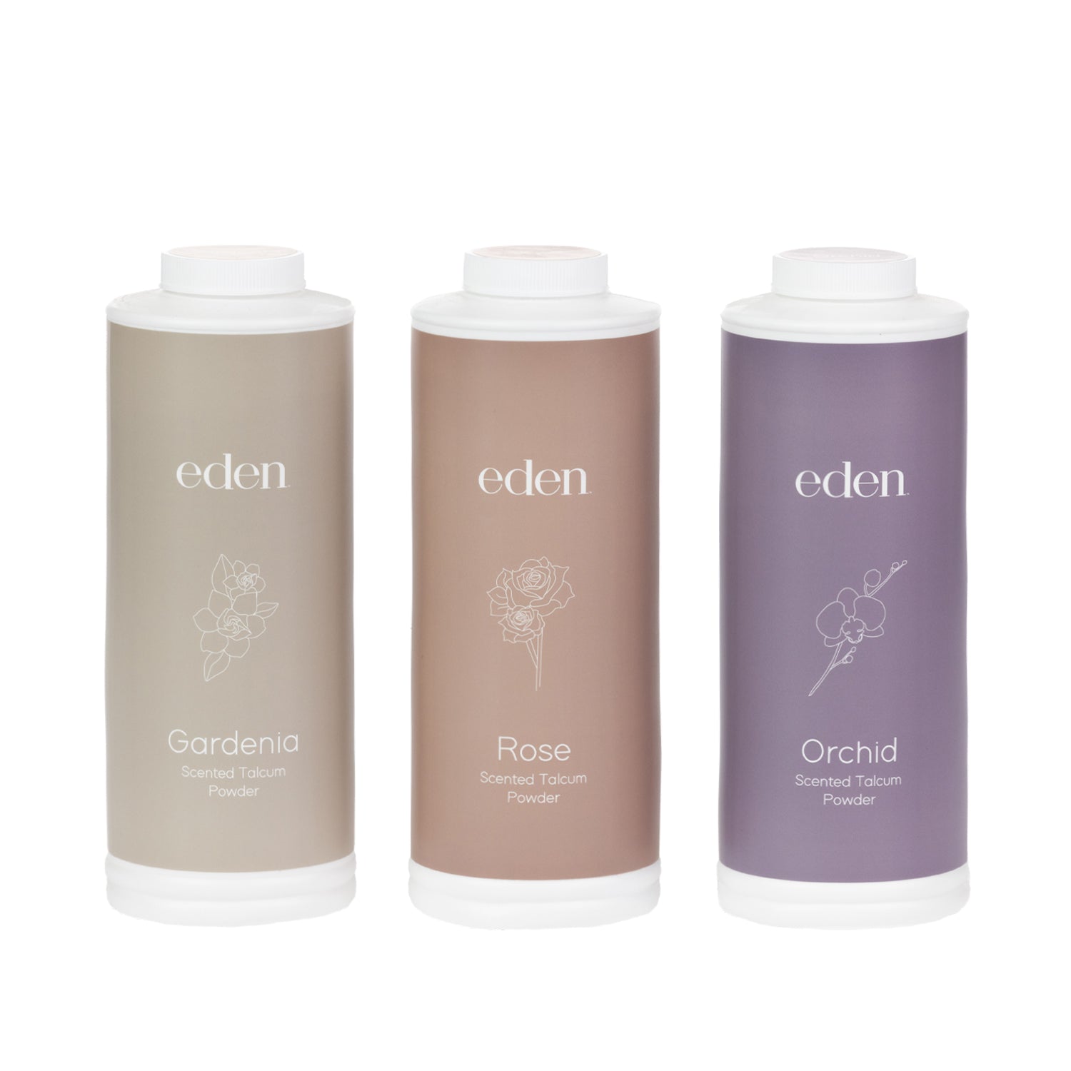 Eden Scented Talcum Powder range featuring Gardenia, Rose and Orchid fragrances in coordinating 350g bottles.