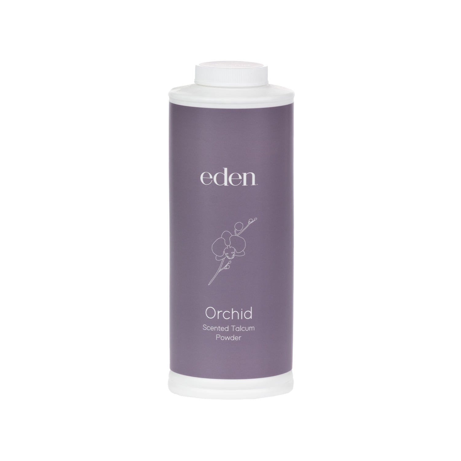 Eden Orchid Scented Talcum Powder 350g in a muted purple bottle with orchid line-art detailing.