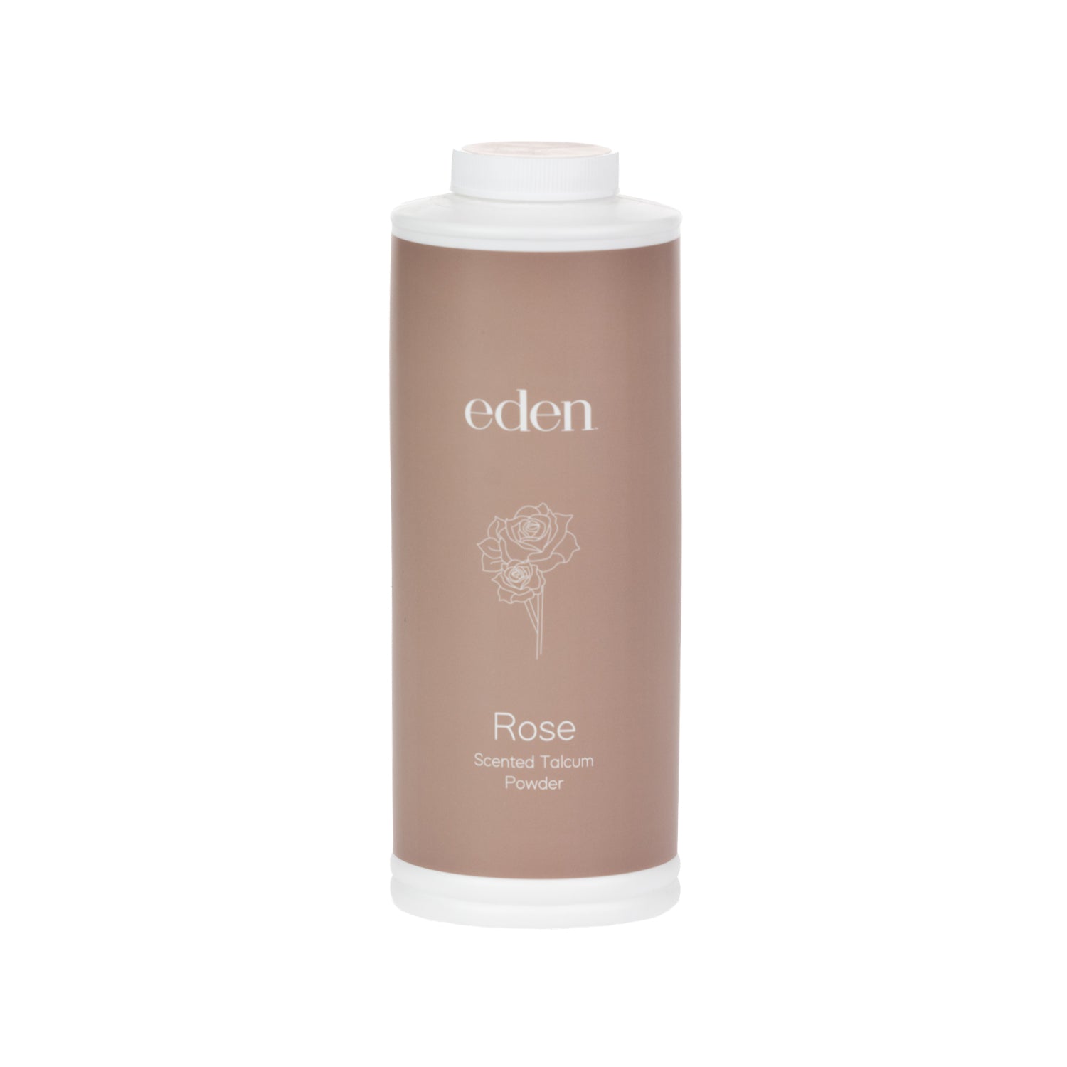 Eden Rose Scented Talcum Powder 350g in a soft rose-toned bottle with delicate rose line-art detailing.