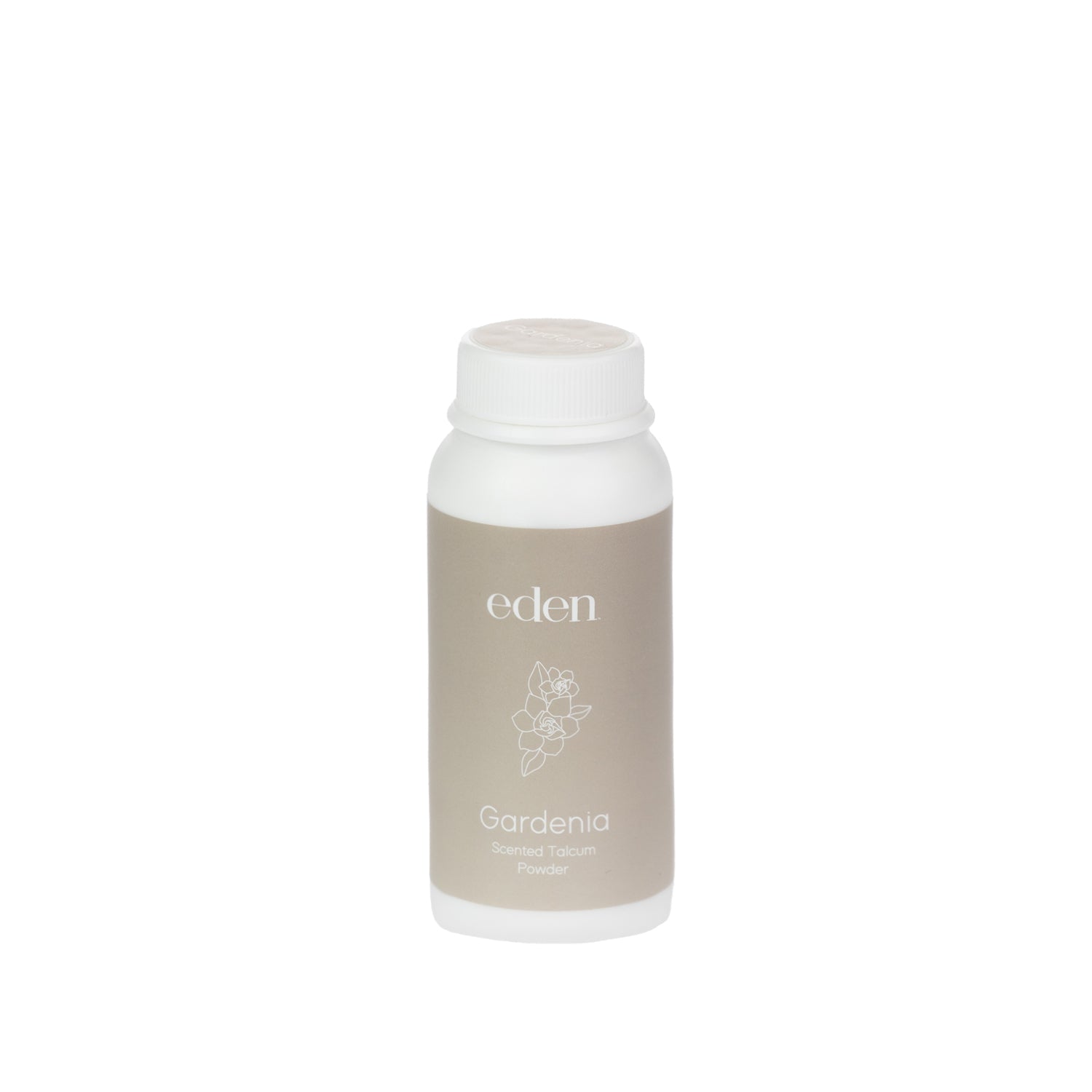 Eden Gardenia Scented Talcum Powder 50g in a neutral beige bottle with floral line-art detailing.